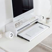 モニタースタンド 2段式収納 幅60cm キーボードスライダー付き 木製 ホワイト