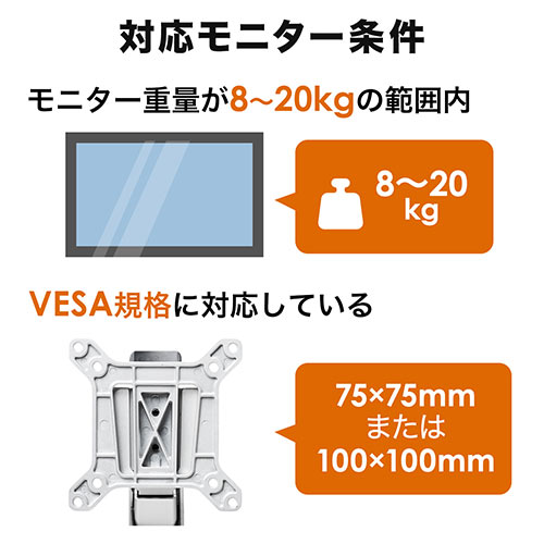 高耐荷重モニターアーム(ガス圧タイプ・耐荷重8kg～20kg・水平
