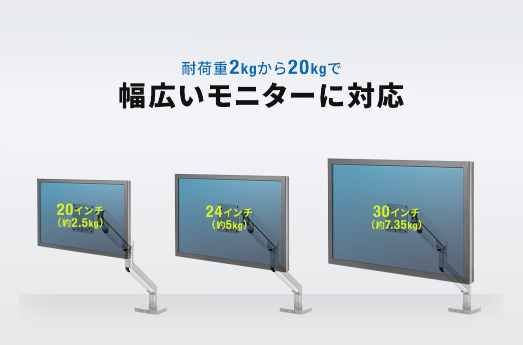 耐荷重2kgから20kgで 幅広いモニターに対応