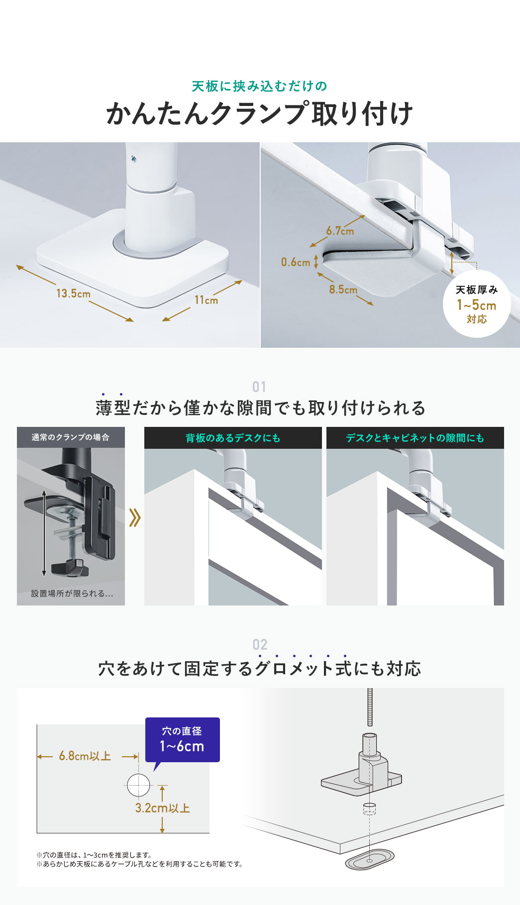 天板に挟み込むだけのかんたんクランプ取り付け 01 薄型だから背板のあるデスク、デスクとキャビネットの隙間など僅かな隙間でも取り付けられる 02 穴をあけて固定するグロメット式にも対応 穴の直径1～6cm ※穴の直径は、1~3cmを推奨します。 ※あらかじめ天板にあるケーブル孔などを利用することも可能です。
