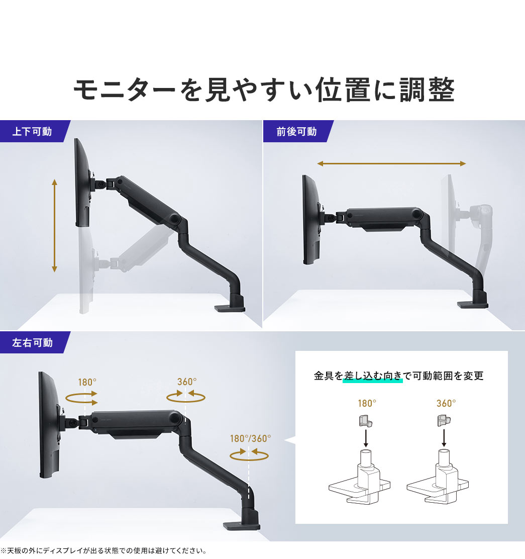 モニターを上下可動、前後可動、左右可動で見やすい位置に調整 金具を差し込む向きで可動範囲を変更 ※天板の外にディスプレイが出る状態での使用は避けてください。