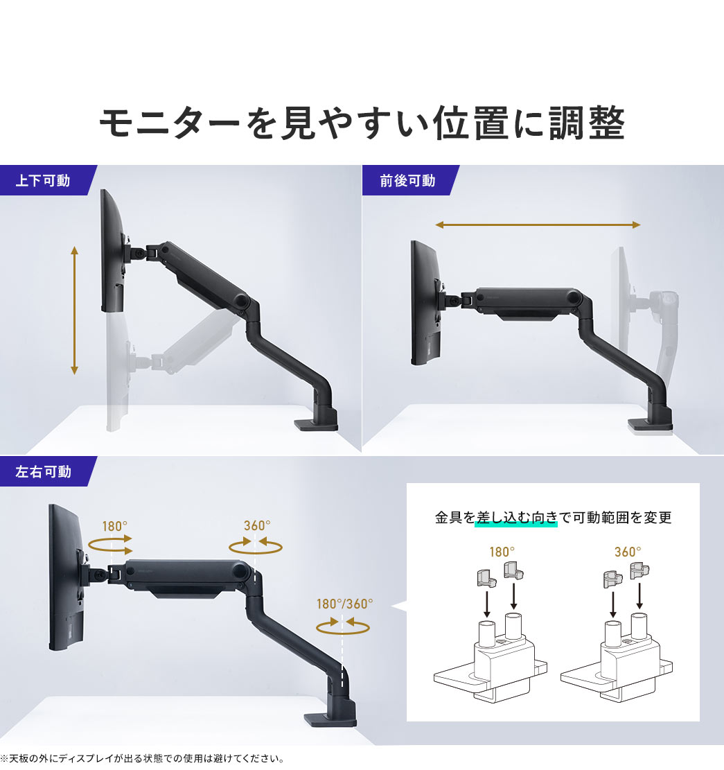 モニターを上下可動、前後可動、左右可動で見やすい位置に調整 金具を差し込む向きで可動範囲を変更 ※天板の外にディスプレイが出る状態での使用は避けてください。