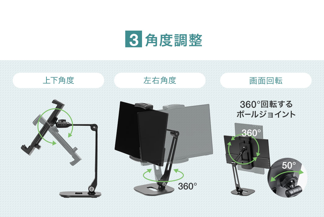 角度調整は上下角度、左右角度、画面回転で調整できます。