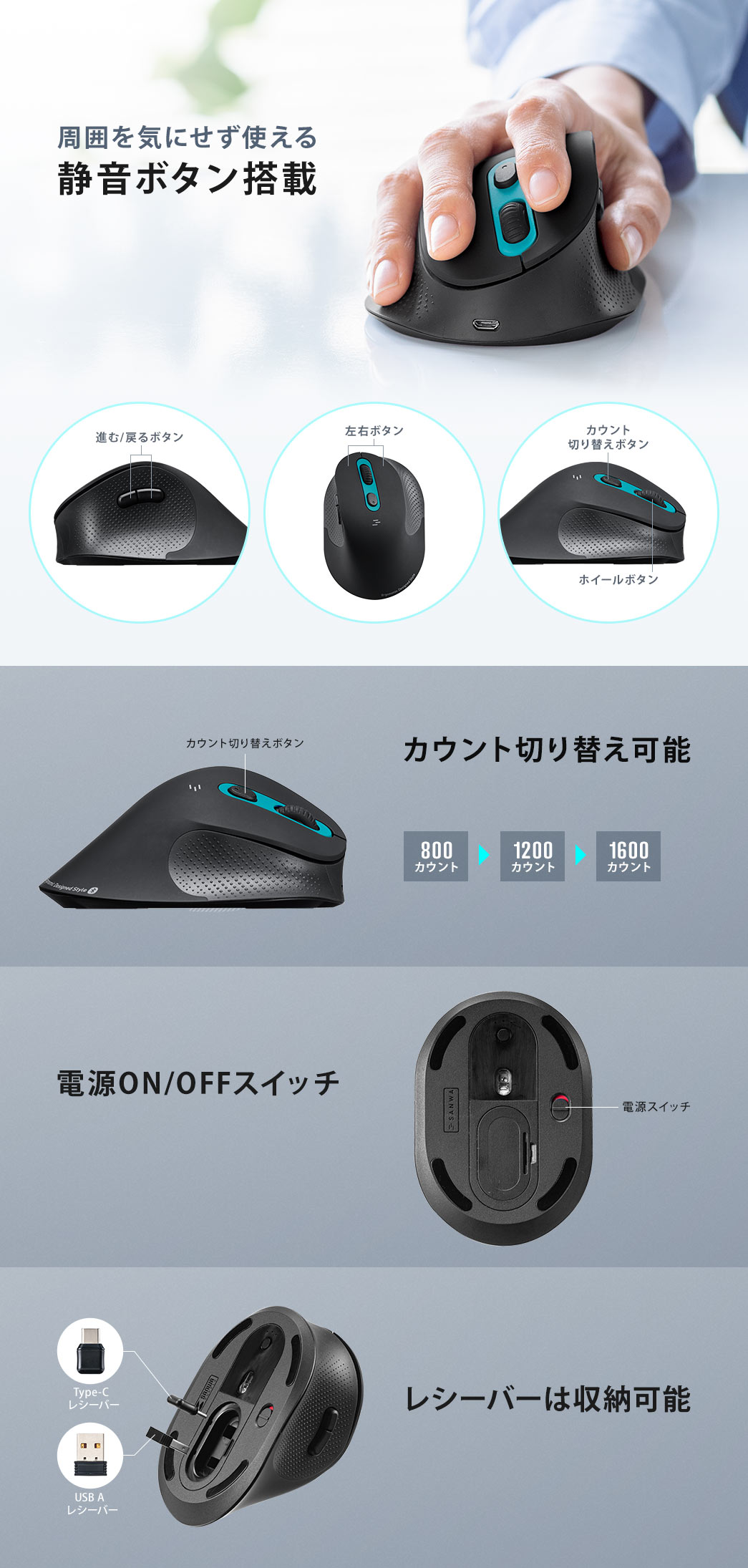 周囲を気にせず使える静音ボタン搭載 カウント切り替え可能 電源ON/OFFスイッチ レシーバーは収納可能
