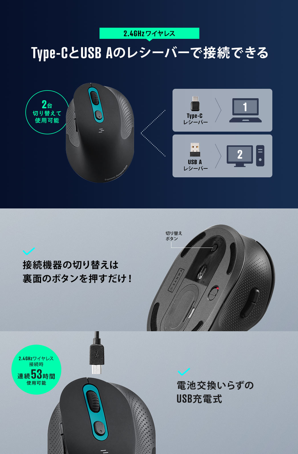 Type-cとUSB Aのレシーバーで接続できる 接続機器の切り替えは裏面のボタンを押すだけ 電池交換いらずのUSB充電式