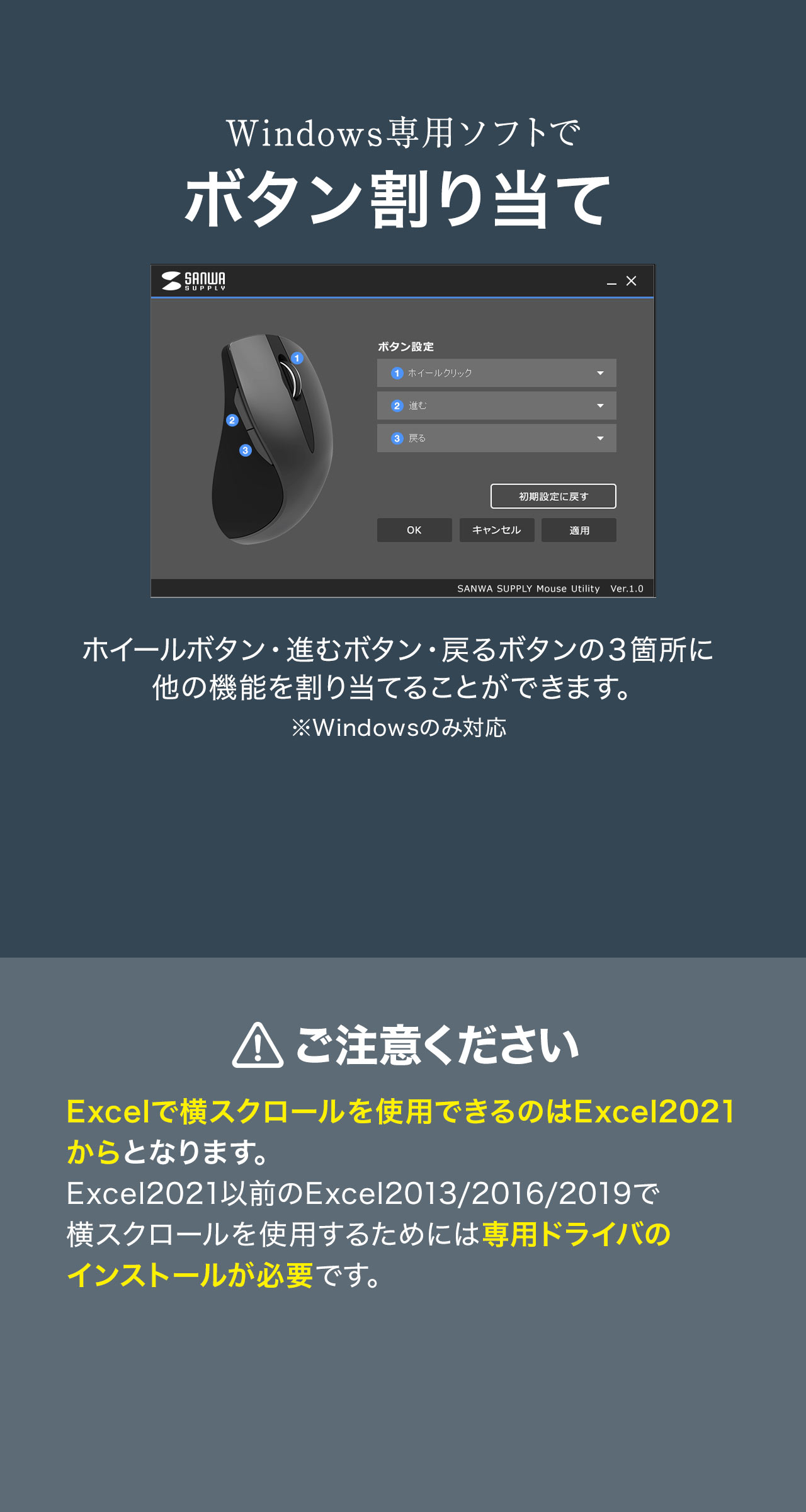 専用ソフトのボタン割り当て。ホイールボタン・進むボタン・戻るボタンの3箇所に他の機能を割り当てることができます。※Windowsのみ対応。