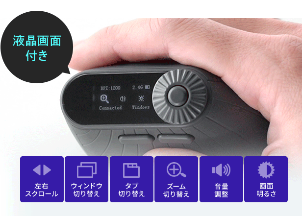 液晶画面付きで左右スクロールが可能、ウィンドウ、WEB画面、ズーム、音量の切り替えができ、画面明るさを変更できます。