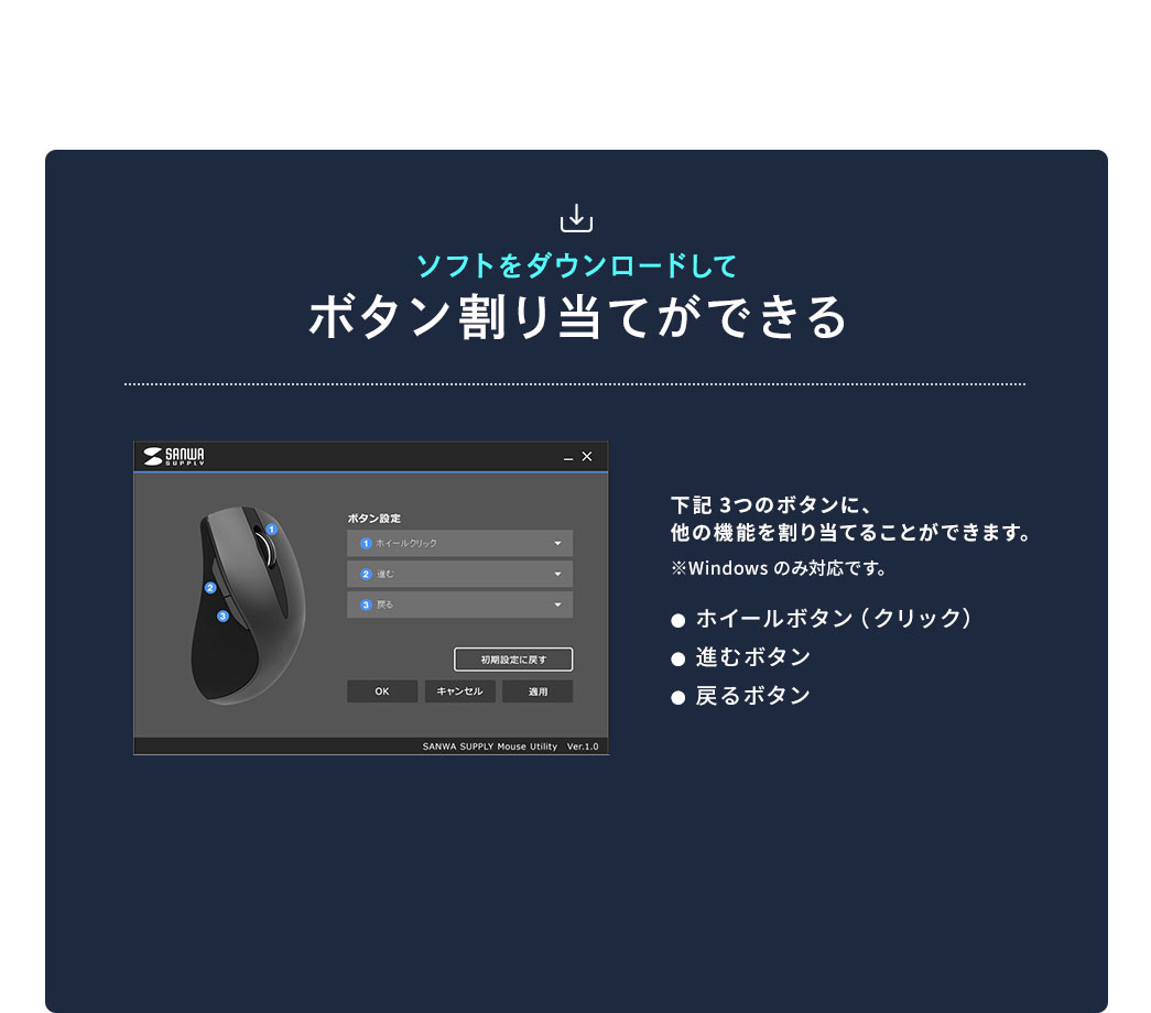 ソフトをダウンロードしてボタン割り当てができる。 ホイールボタン（クリック）、進むボタン、戻るボタンの3つのボタンに、他の機能を割り当てることができます。 ※Windowsのみ対応です。