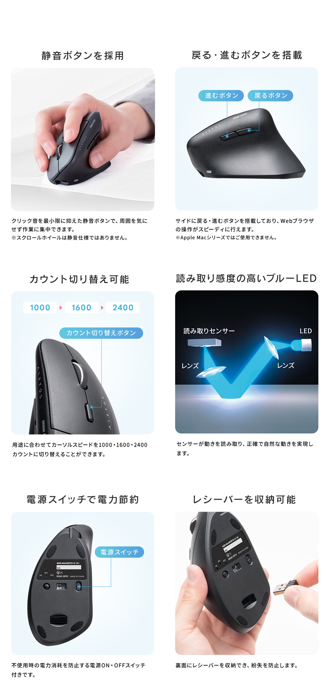 静音ボタンを採用しており、クリック音を最小限に抑え、周囲を気にせず作業に集中できます。※スクロールホイールは静音仕様ではありません。サイドには、戻る・進むボタンを搭載しており、Webブラウザの操作がスピーディに行えます。※Apple Macシリーズではご使用できません。用途に合わせてカーソルスピードを1000・1600・2400カウントに切り替えることができ、読み取り感度の高いブルーLEDで、動きを読み取り、正確で自然な動きを実現します。また、不使用時の電力消耗を防止する電源ON・OFFスイッチ付きで、裏面にレシーバーを収納でき、紛失を防止します。