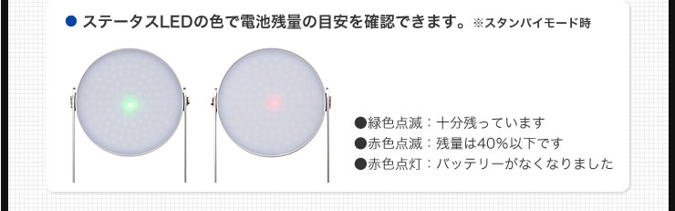 ステータスLEDの色で電池残量の目安を確認できます