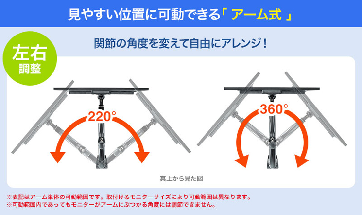 見やすい位置に稼働できるアーム式 左右調整