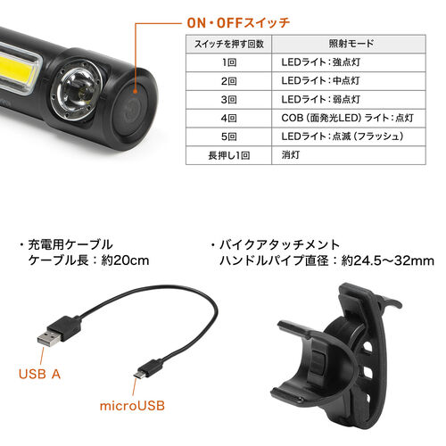 LEDライト 小型 充電式 マグネット内蔵 USB充電式 防水 IPX6 最大400ルーメン 自転車取り付け対応