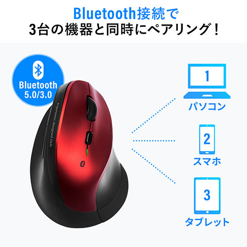 Bluetoothエルゴマウス マルチペアリング 静音ボタン 乾電池式 レッド