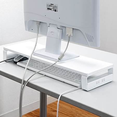 キーボード収納モニター台(W600mm・机上台・USBポート&電源タップ付き 