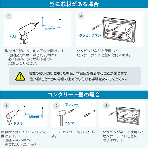 人感センサー付きLEDライト(ソーラー充電式・屋外用・壁設置・防水防塵 