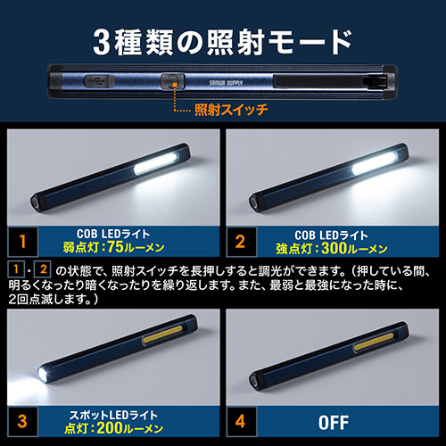 ペン型LEDライト USB充電式 マグネット内蔵クリップ 最大300ルーメン ハンディーライト COBチップ [800-LED034]