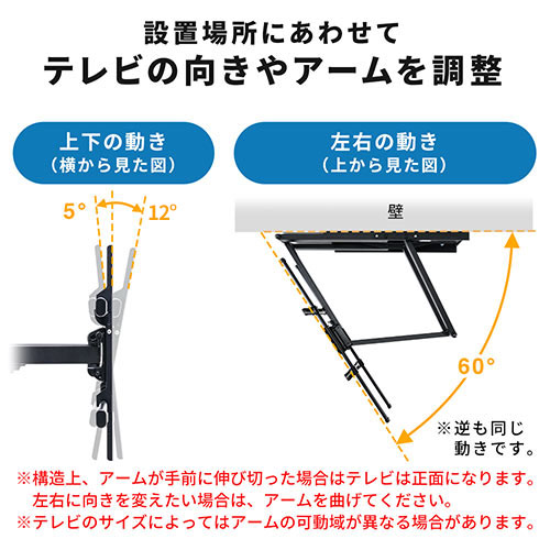 テレビ壁掛け金具(アーム式・薄型・大型・コーナー・角度調整・左右首