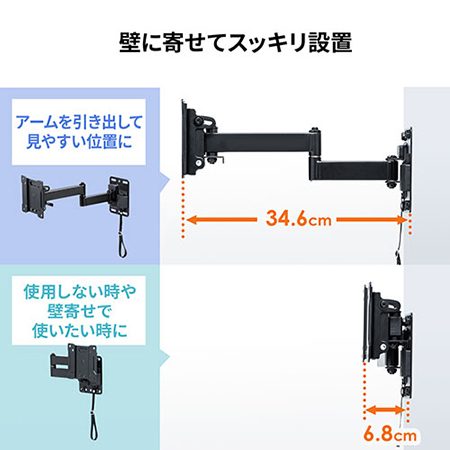 壁掛けモニターアーム(3関節・壁付・省スペース・耐荷重10kg・27インチ