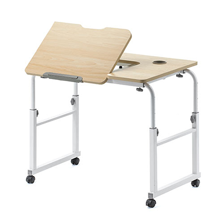 昇降式ベッドテーブル(手動昇降・脚幅伸縮・傾斜変更可能・カップホルダー・W80×D60cm・薄い木目) YT-DESKN003LM