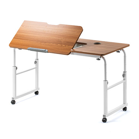 昇降式ベッドテーブル(手動昇降・脚幅伸縮・傾斜変更可能・カップホルダー・W120×D60cm・木目)