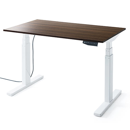 電動昇降デスク(スタンディングデスク・幅120cm・奥行70cm・木目調・高さメモリー付き・座りすぎ防止・ホワイトフレーム・濃い木目天板・ブラウン天板)