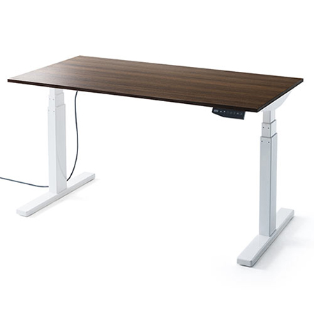 電動昇降デスク(スタンディングデスク・幅140cm・奥行70cm・木目調・高さメモリー付き・座りすぎ防止・ホワイトフレーム・濃い木目天板・ブラウン天板)