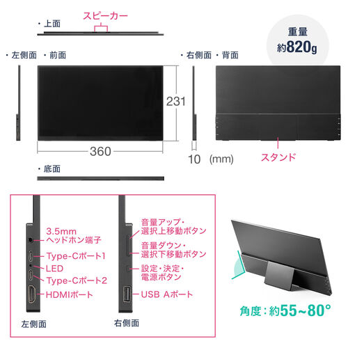 モバイルモニター 15.6インチ タッチパネル スタンド対応 mac os対応 type-c接続 HDMI フルHD 400-LCD006  【エルゴノミクスショップ】