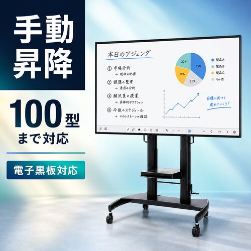 【アウトレット】テレビスタンド 電子黒板対応 100インチ対応 100kg耐荷重 手動昇降 キャスター付き