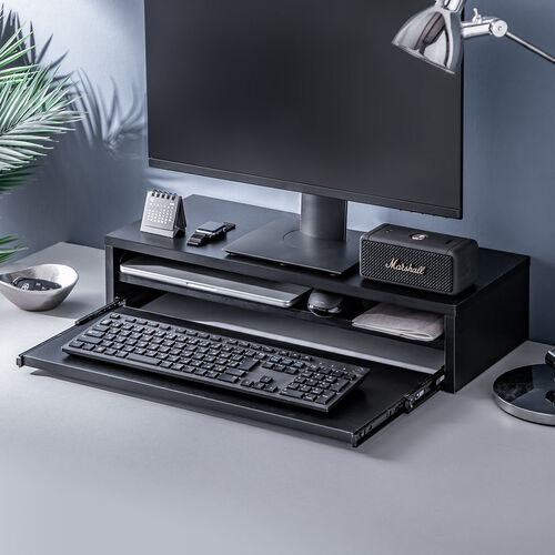 モニタースタンド 2段式収納 幅60cm キーボードスライダー付き 木製