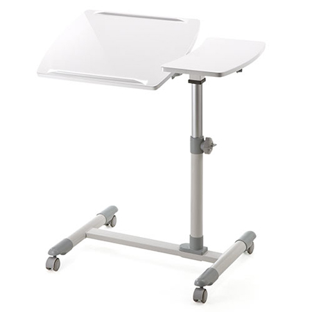 キャスター付きサイドテーブル(高さ&角度調整可能・テーブル分割タイプ・ホワイト) YT-DESK040