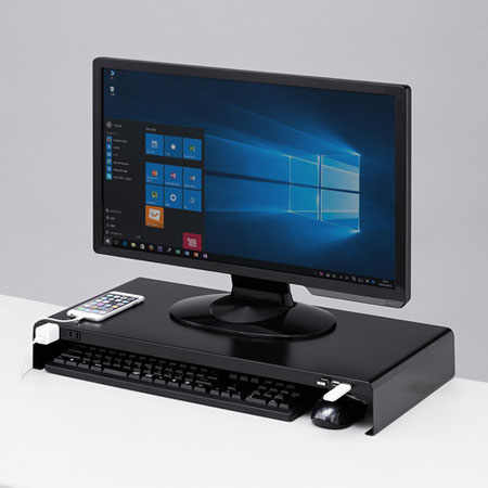 【アウトレット】キーボード収納モニター台(電源タップ+USBポート付き/W600×D300mm・ブラック)