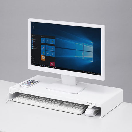キーボード収納モニター台(電源タップ+USBポート付き/W600×D300mm・ホワイト)